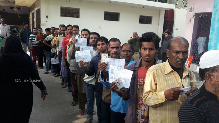 Queues outside a polling booth in Kanpur