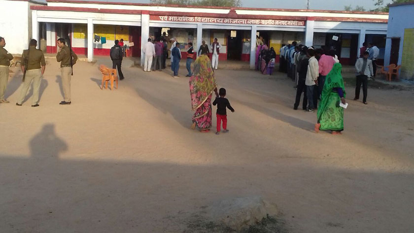 Long queue outside the poll station in Bada Gaon, Uttar Pradesh 