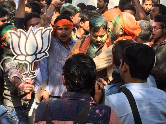 BJP workers celebrating at BJP office in Lucknow 