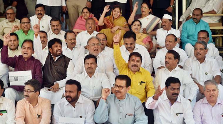 Mumbai: Opposition members protesting against the BJP government on farmer’s issues during the Maharashtra Assembly Budget session (File Photo)