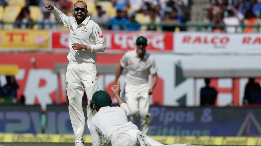 Nathan Lyon had Cheteshwar Pujara caught at short leg, India v Australia, 4th Test, Dharamsala, 2nd day