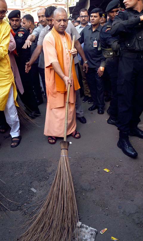 Uttar Pradesh Chief Minister Yogi Adityanath on Saturday wielded the broom and undertook a cleanliness drive 