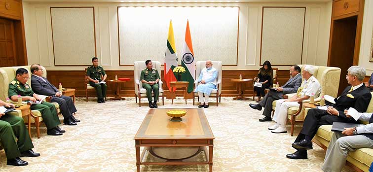 Myanmar's Defence Commander-in-Chief Senior General Min Aung Hliang meets Prime Minister Narendra Modi