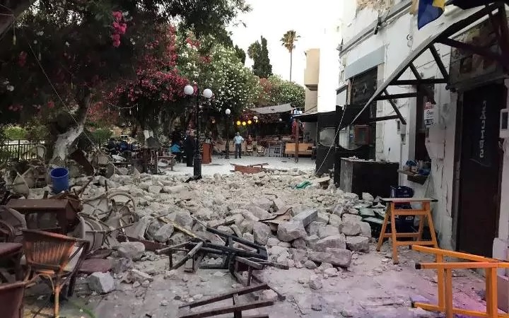 Rubble in a street on the Greek island of Kos