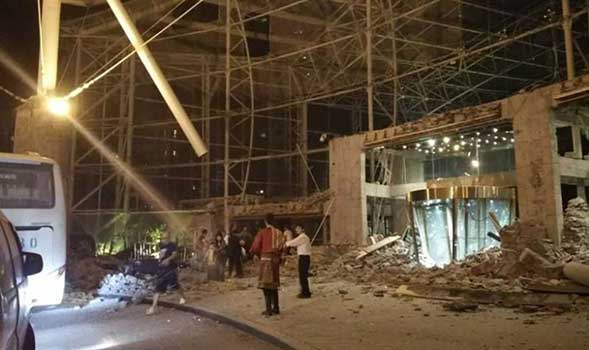 Rubble sits in front of a hotel after an earthquake struck  in China