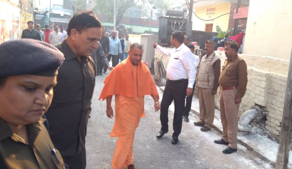 Uttar Pradesh Chief Minister Yogi Adityanath arrives at a polling station in Gorakhpur