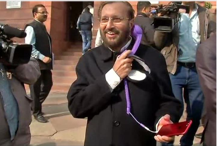 Union Minister Prakash Javadekar was spotted using a landline-receiver 