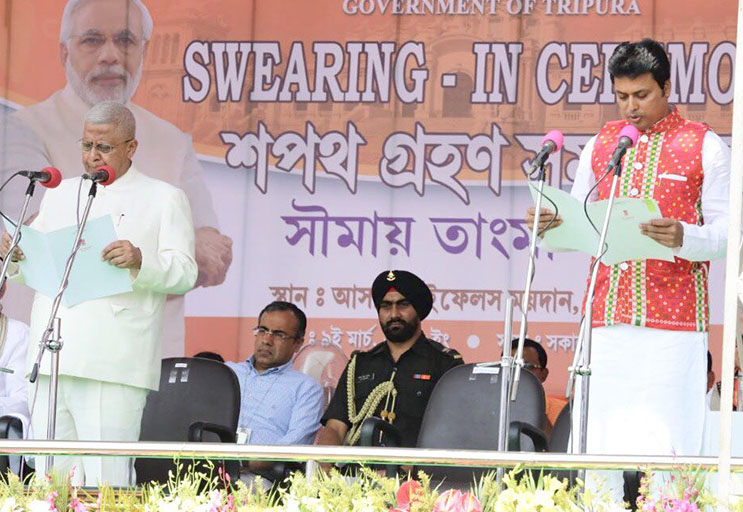 Biplab Deb taking oath as  the next Chief Minister of Tripura