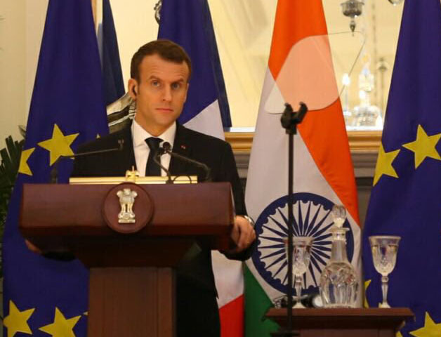  French president Emmanuel Macron addressing a joint statement 