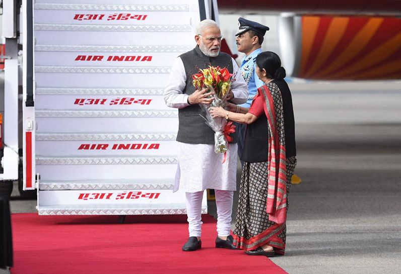 PM Modi received by Sushma Swaraj