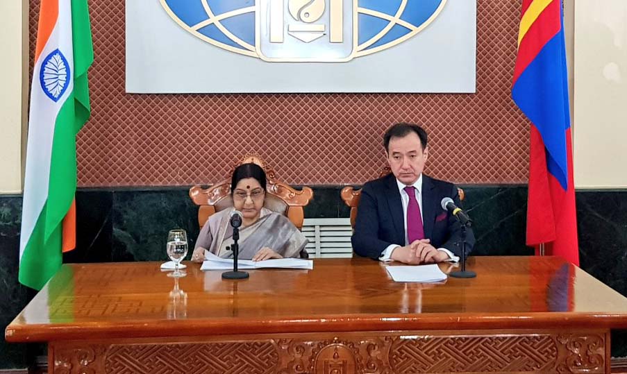 Sushma Swaraj with Mongolian Foreign Minister Damdin Tsogtbaatar