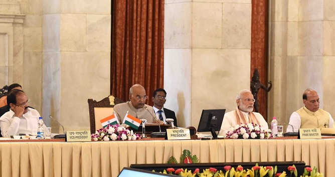 PM Narendra Modi, President Ram Nath Kovind, Vice President Venkaiah Naidu and HM Rajnath Singh at Rashtrapati Bhavan