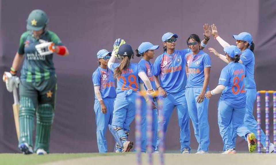 India celebrate the wicket of Javeria Khan  