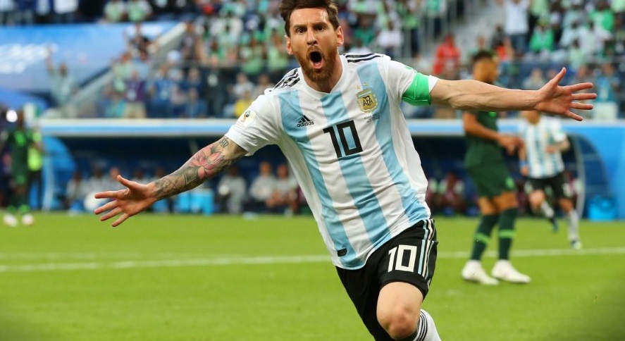 Star footballer Lionel Messi celebrating in win as his team enters round of 16