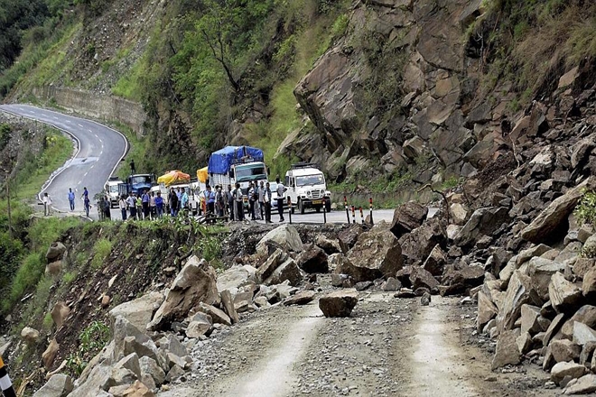 A site of the landslides which blocked Chamba-Rishikesh  highway