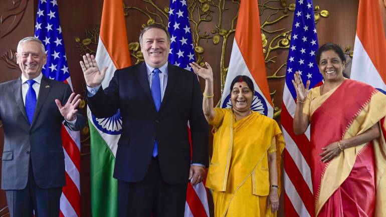 EAM Sushma Swaraj and Defence Minister Nirmala Sitharaman with US Secretary of State Michael R Pompeo and Defence Secretary James Mattis