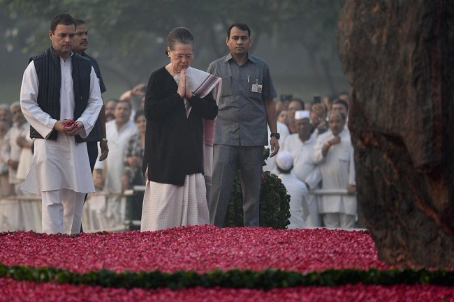 Congress President Rahul Gandhi and Sonia Gandhi paying floral tribute at Shakti Sthal, the memorial of former PM Indira Gandhi