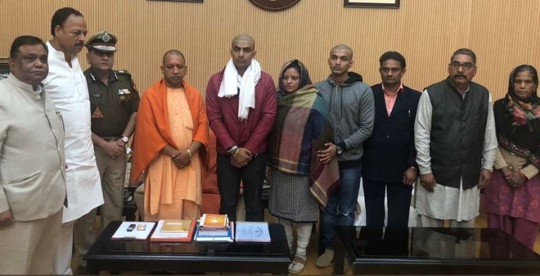 Uttar Pradesh Chief Minister Yogi Adityanath meets the family of inspector Subodh Singh