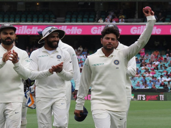 Kuldeep Yadav celebrating his five-for at the Sydney Cricket Ground