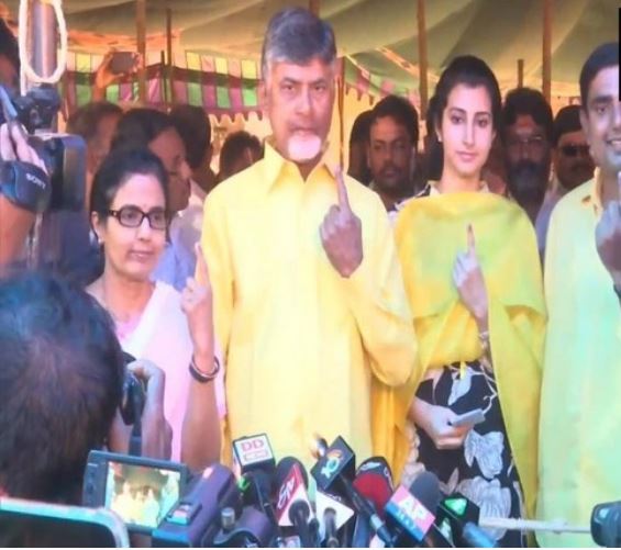 CM N Chandrababu Naidu, his wife Bhuvaneswari, son and IT minister Nara Lokesh with his wife in Mangalagiri, Andhra Pradesh