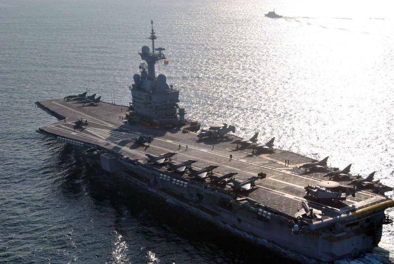 French aircraft carrier Charles de Gaulle sailing off Goa harbour