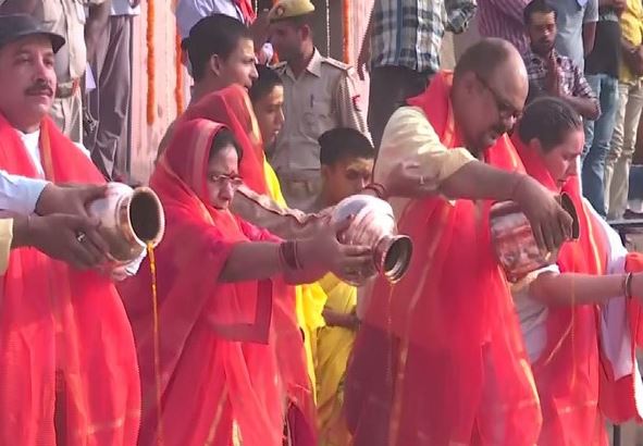 Devotees offering puja at the occasion of Ganga Saptami in Varanasi