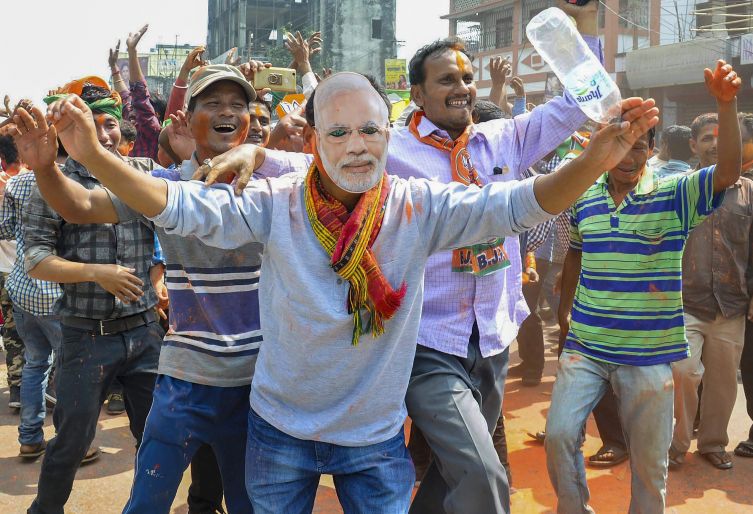 Workers celebrating victory