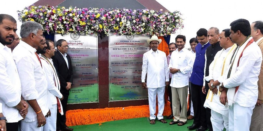 Maharashtra CM Devendra Fadnavis (left), Telangana CM K Chandrashekar Rao (middle) and AP CM YS Jagan Reddy (right) inaugurate Kaleshwaram Lift Irrigation project