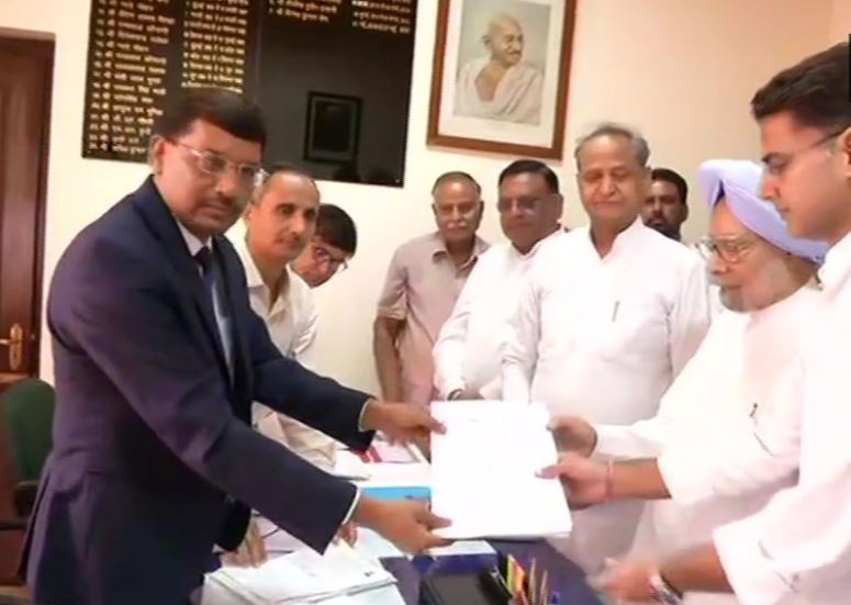 Senior Congress leader Manmohan Singh files his nomination papers for the by-poll to the Rajya Sabha from Rajasthan