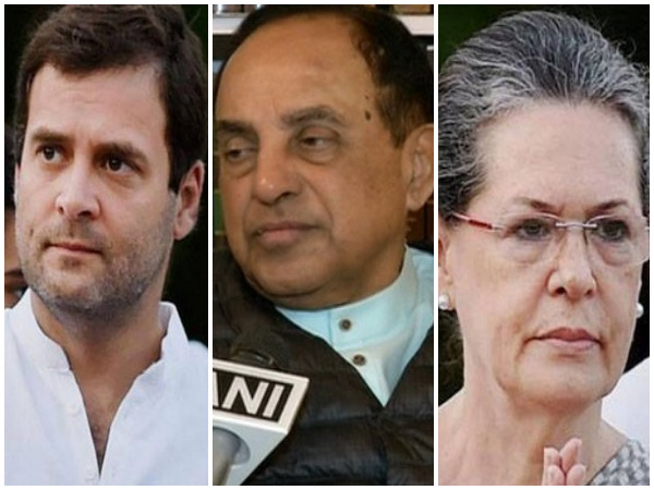 Congress leader Rahul Gandhi (left), BJP leader Subramanian Swamy (middle) and Congress President Sonia Gandhi