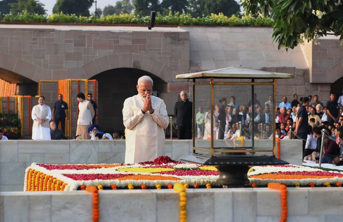 Prime Minister Narendra Modi pays tribute at Raj Ghat