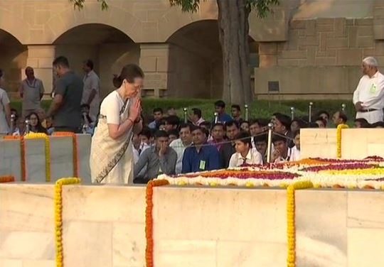 Congress interim President Sonia Gandhi  pays  tribute to Mahatma Gandhi at Raj Ghat