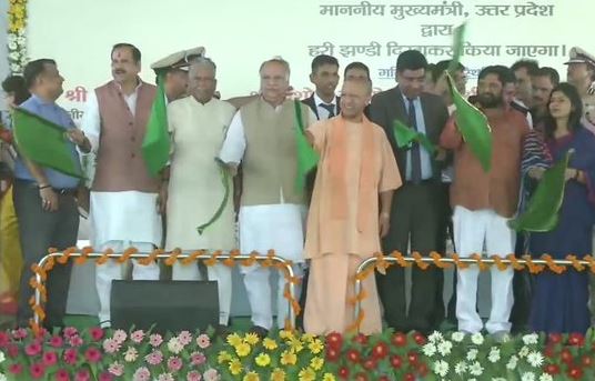 Uttar Pradesh Chief Minister Yogi Adityanath flagging off Delhi Lucknow Tejas Express on Friday