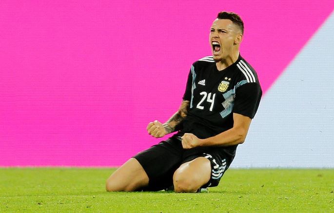 Argentina's Lucas Ocampos celebrates scoring their second goal