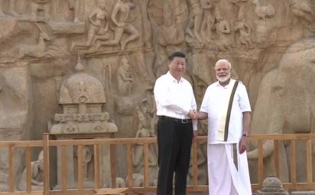 Chinese President Xi Jinping, Prime Minister Narendra Modi at Arjuna's Penance in Mahabalipuram on Friday