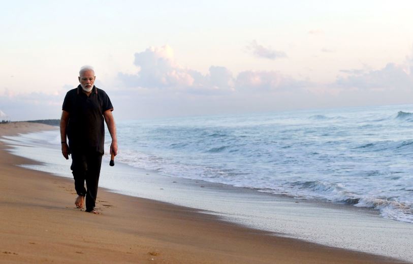 Prime Minister Narendra Modi at a beach in Mamallapuram