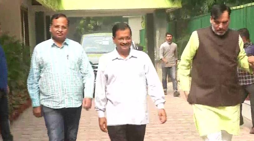 Delhi Chief Minister Arvind Kejriwal with his ministerial colleagues Satyendar Jain and Gopal Rai