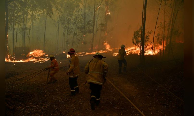 Fire tenders dousing fire at Colo Heights, north west of Sydney, Australia