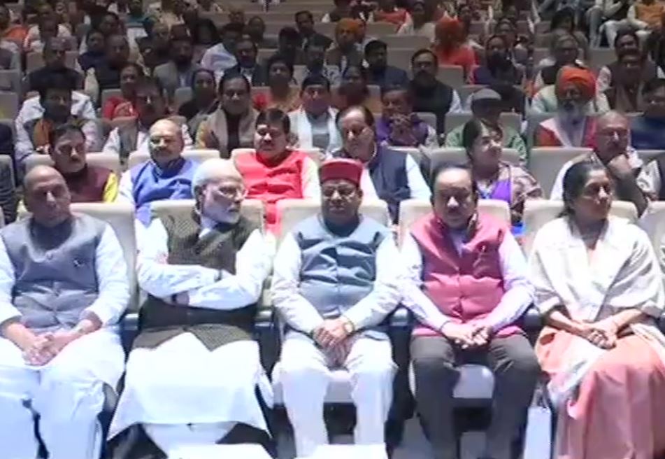 Prime Minister Narendra Modi and other BJP leaders during the BJP parliamentary party meeting at Parliament Library on Wednesday