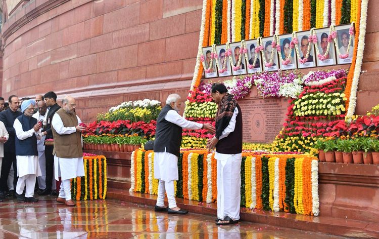 Prime Minister Narendra Modi paying floral tribute to people killed in 2001 Parliament attack on Friday