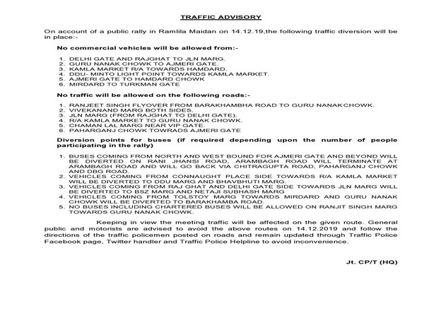 Traffic advisory issued by Delhi police