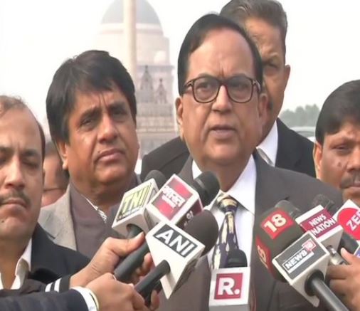 BSP lawmaker Satish Chandra Mishra speaking to reporters in New Delhi on Wednesday