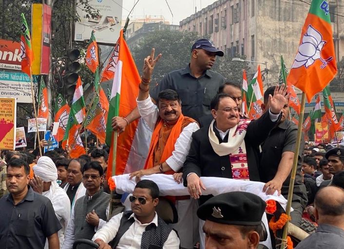 BJP working president JP Nadda and party general secretary in-charge of West Bengal Kailash Vijayvargiya at a march in support of Citizenship Act in Kolkata on Monday