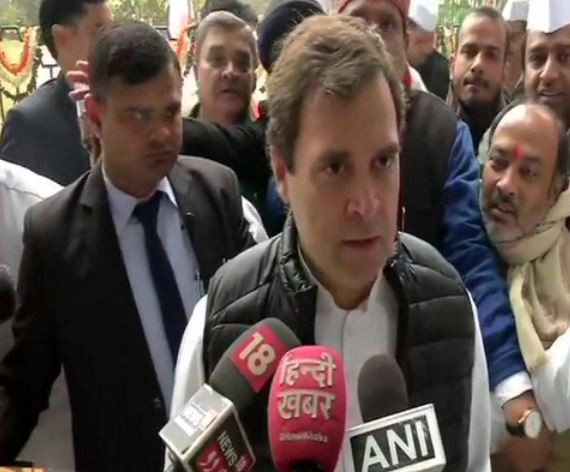 Congress leader Rahul Gandhi speaking to media in New Delhi