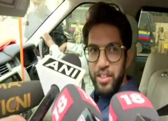 Shiv Sena's Aaditya Thackeray speaks to media in Mumbai on Sunday