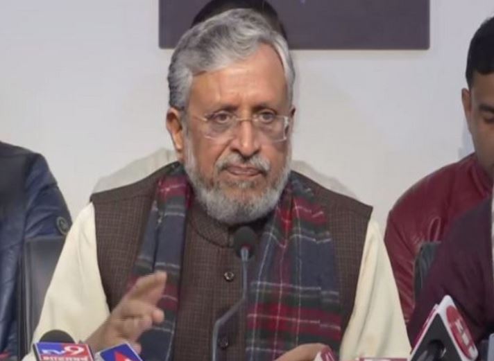 Bihar deputy CM Sushil Modi addressing press conference in Patna