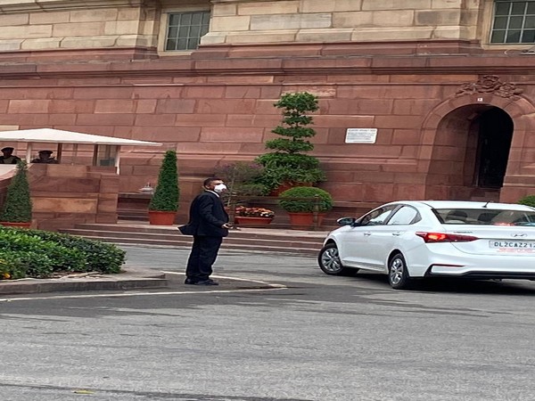 Security staff at Parliament wearing disposable glove and mask, as a precautionary measure against coronavirus.