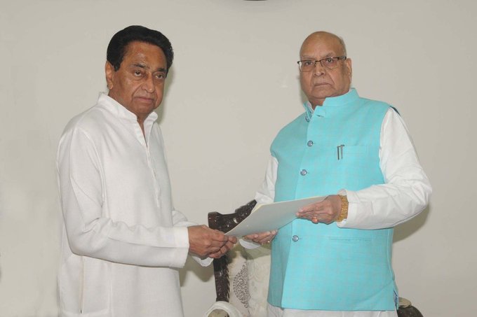 Madhya Pradesh Chief Minister Kamal Nath while giving his resignation to Governor Lalji Tandon