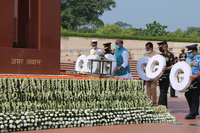 Defence Minister Rajnath Singh at National War Memorial on Sunday.