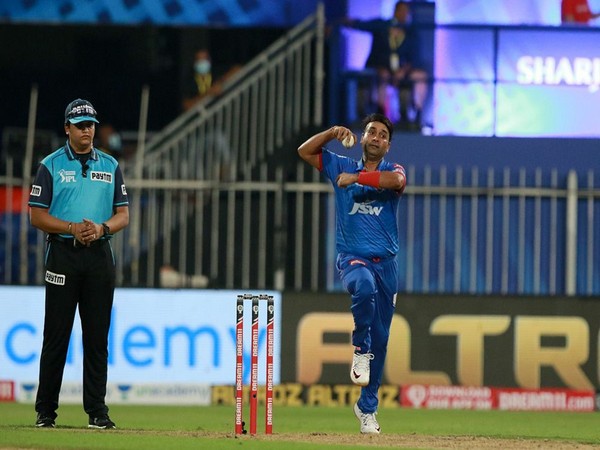 Delhi Capitals' spinner Amit Mishra in action against KKR at Sharjah